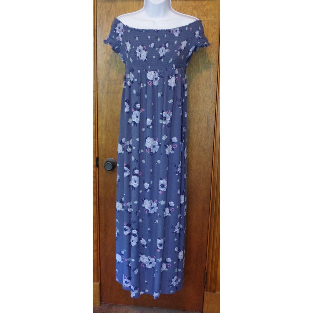 SO Goods For Life Women's Large Blue Floral Smocked Off Shoulder Maxi Dress